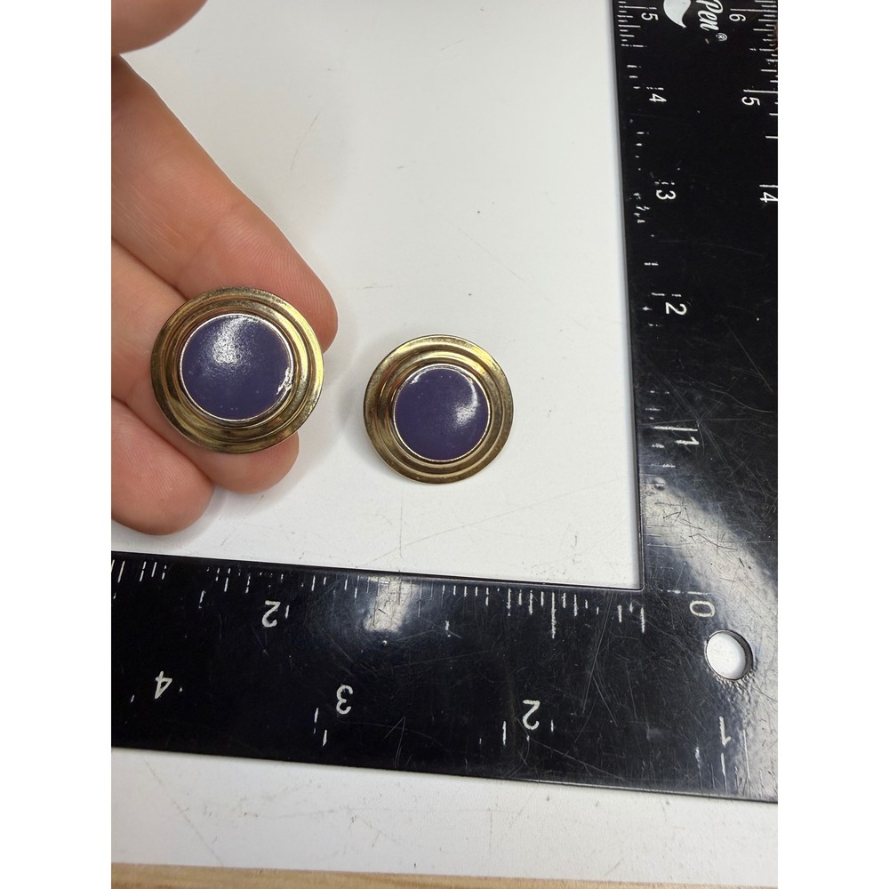 Purple Enamel Gold Tone Round Button Stud Earrings Retro Statement Post Back